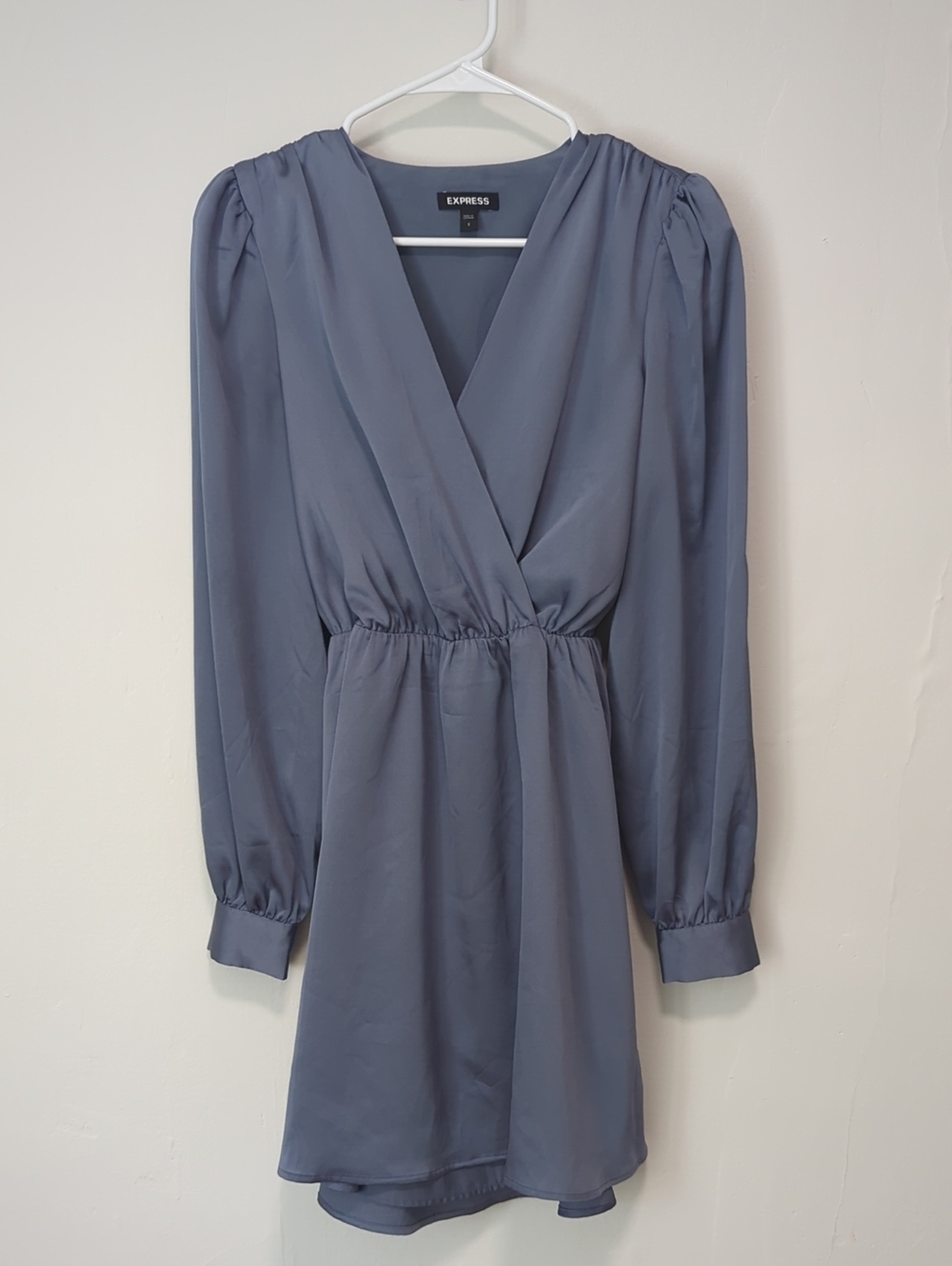 Express Slate Blue Long Sleeve Faux Wrap Dress